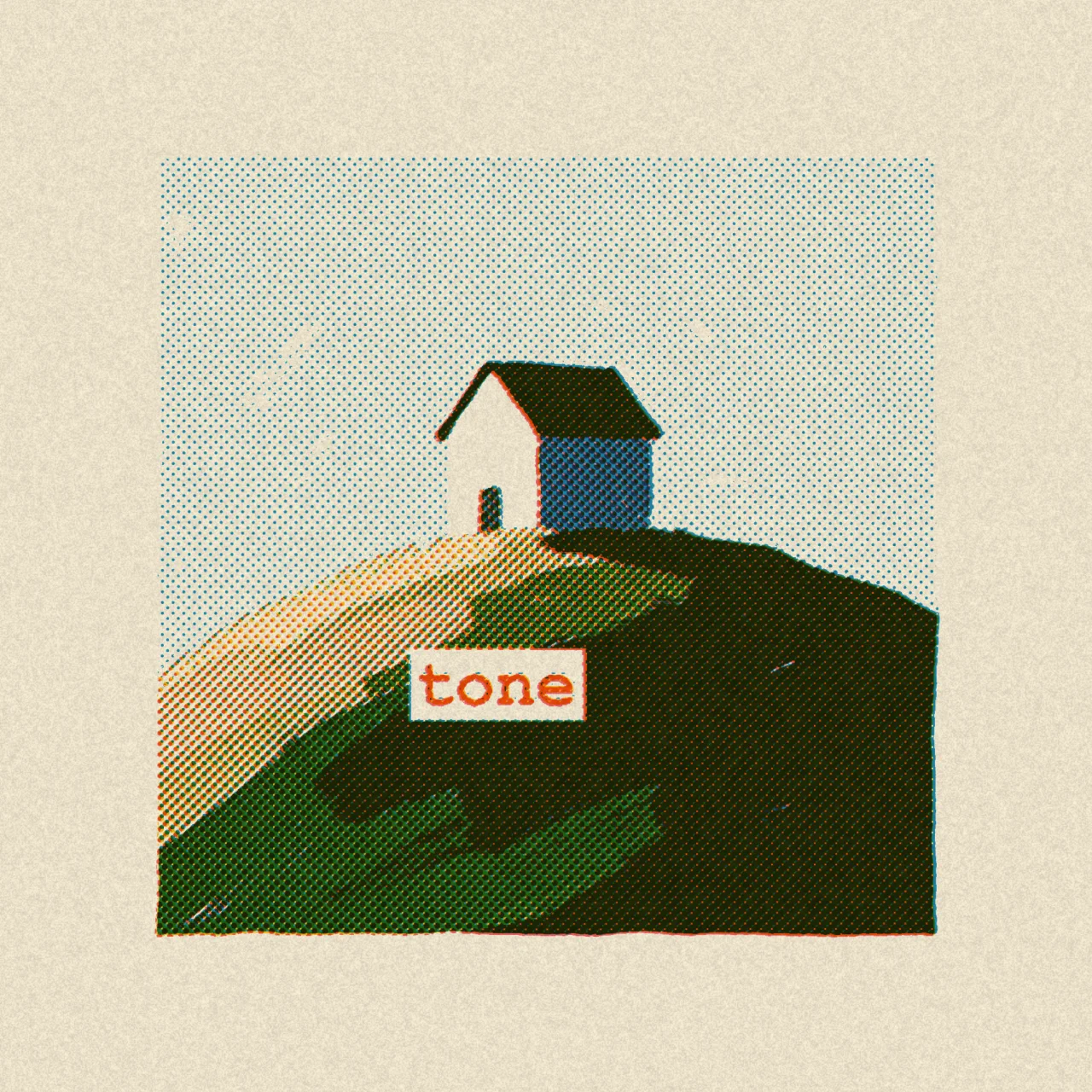 tone のキービジュアル。丘の上に建つ家が孔版印刷風の網点で描かれている