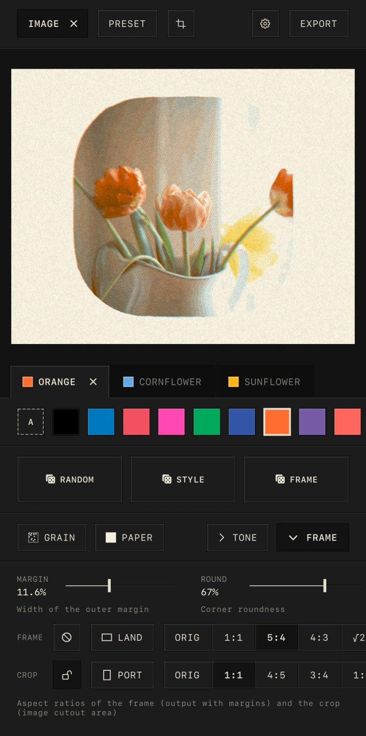 Screenshot of tone editing the frame shape and margins